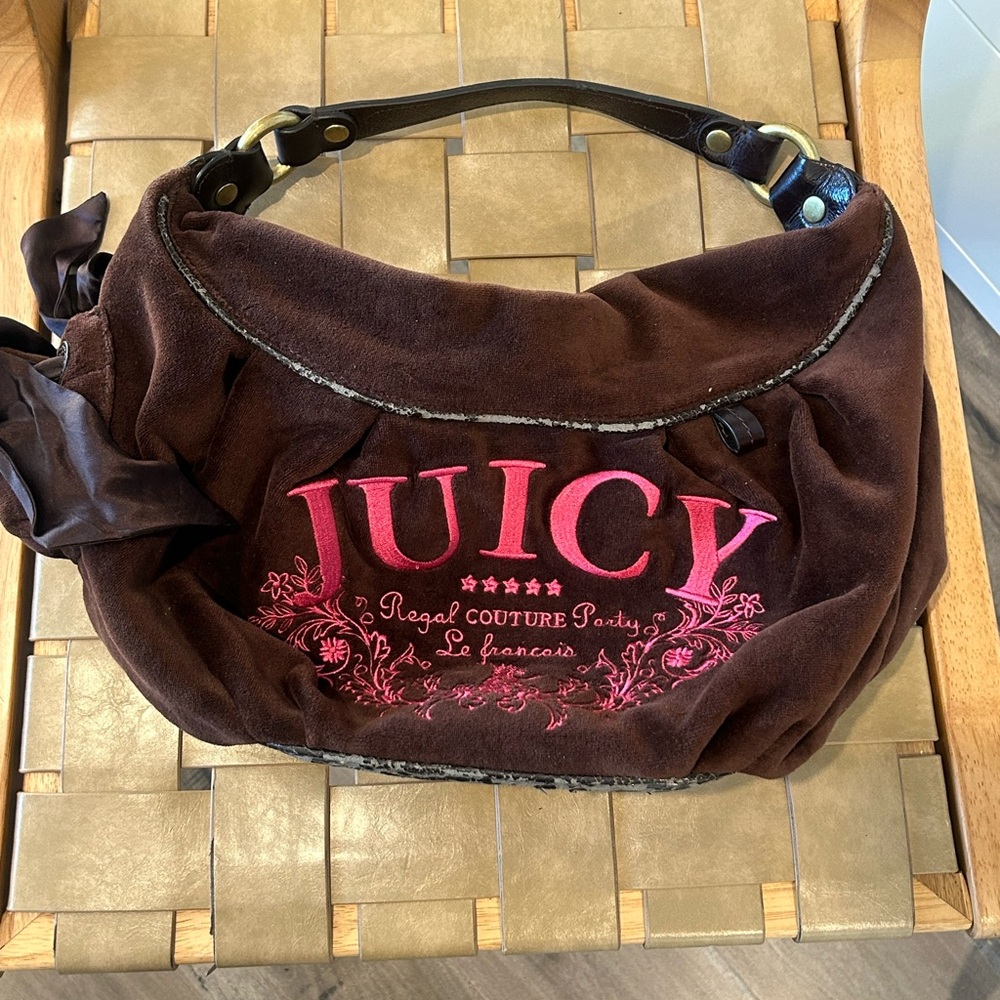 Vintage Juicy Couture Chocolate Brown Shoulder Bag with Pink Embroidery